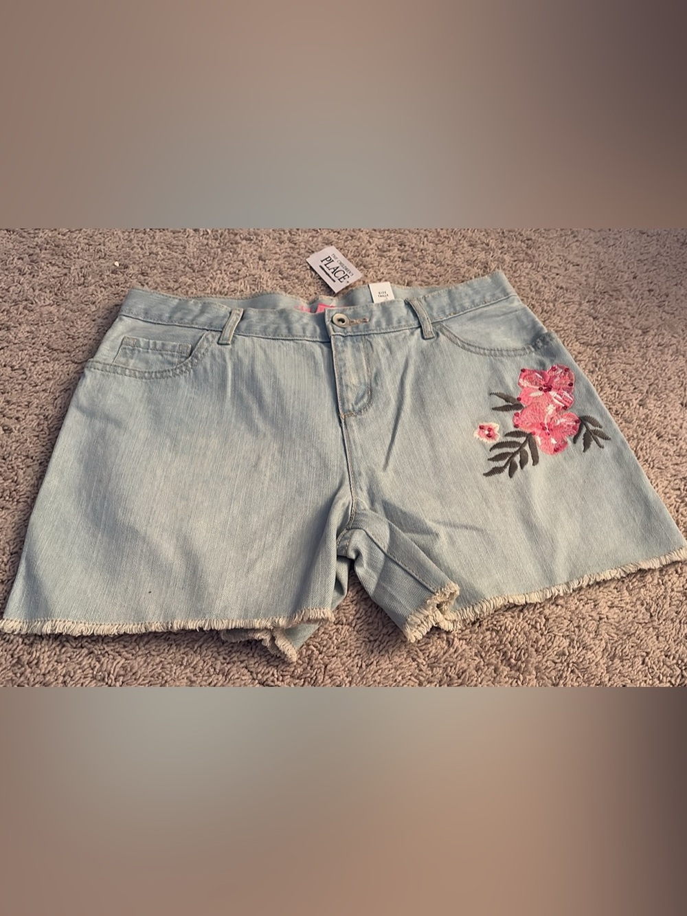 Children's Place Light Wash Denim Shorts with Pink Floral Embroidery - size 14